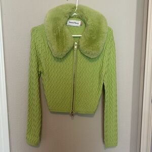 Green Textured Jacket with Faux Fur Collar